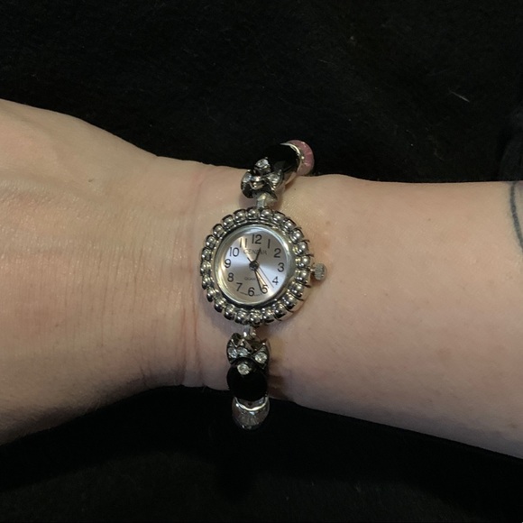 ONE OF A KIND: Black and Pink Beaded Stretch Watch - Picture 2 of 16